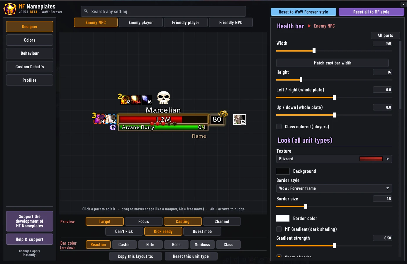 The MF Designer window on WoW: Forever: a live nameplate preview in the WoW Forever Style, the setting list on the right and a search box at the top