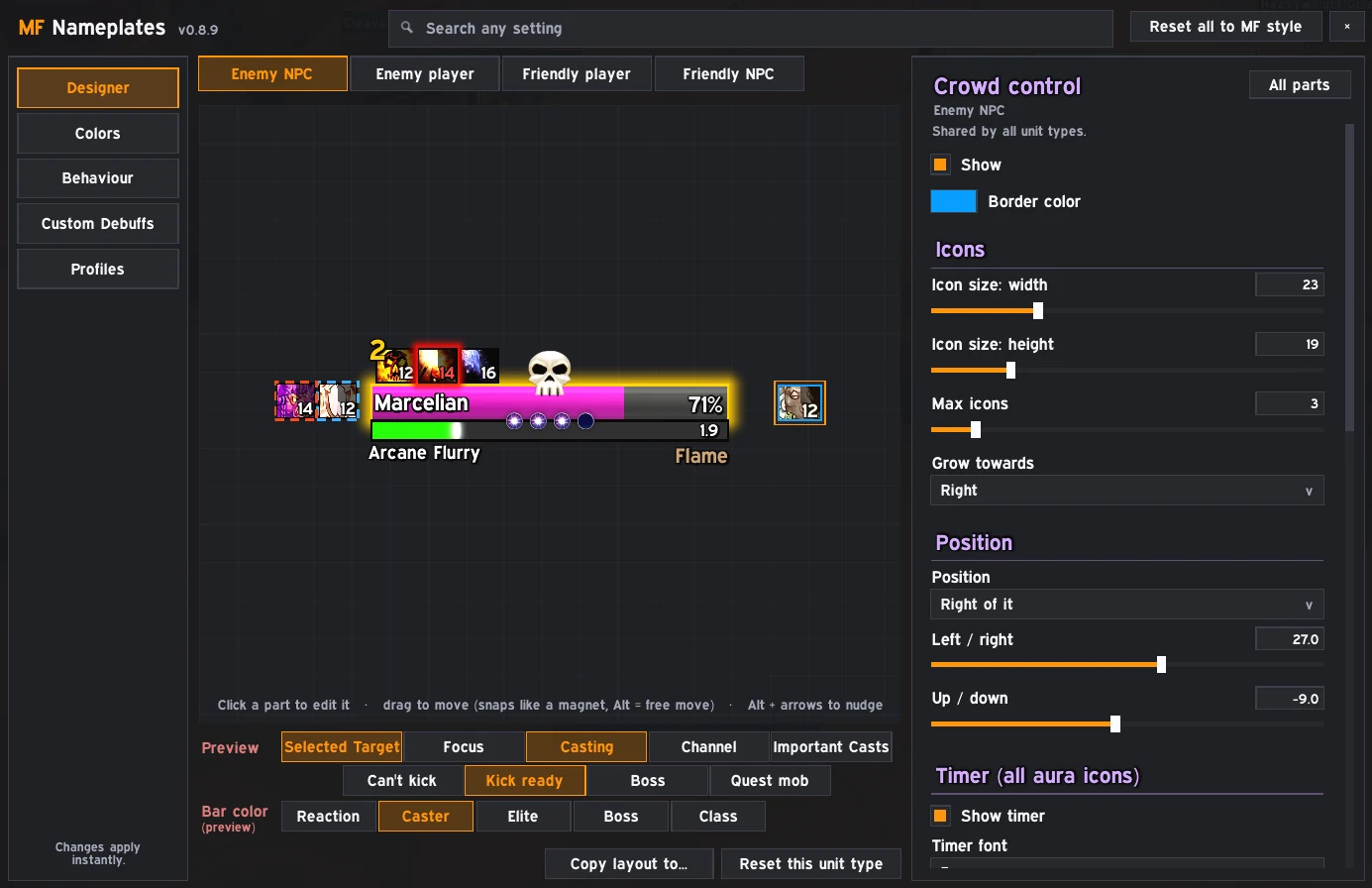 The MF Designer window: a live nameplate preview in the middle, the setting list on the right and a search box at the top