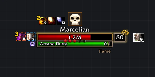 A WoW: Forever nameplate in the WoW Forever Style, with auras and a cast bar