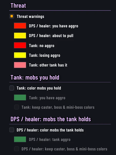 The MF Nameplates Designer threat settings: tank and DPS or healer color options